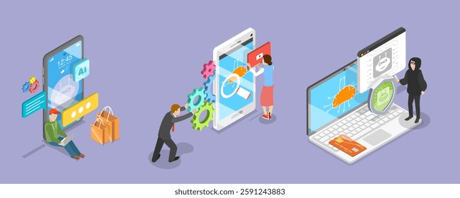 3D Isometric Flat Vector Illustration of Data Security in E-commerce, AI In Online Shopping