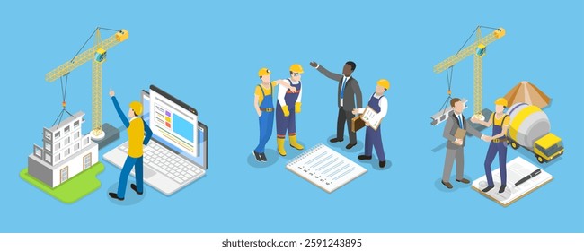 3D Isometric Flat Vector Illustration of Construction Workers , Building Industry