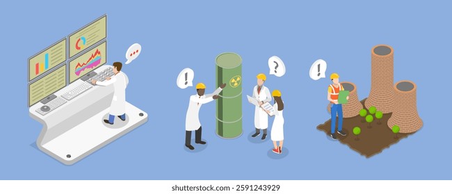 3D Isometric Flat Vector Illustration of Nuclear Energy, Power Generation Plant