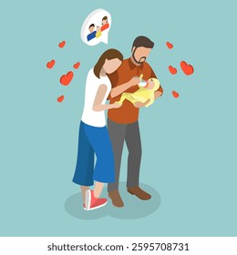 3D Isometric Flat Vector Illustration of Happy Young Parents, Newborn Baby
