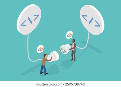 3D Isometric Flat Vector Illustration of Application Programming Interface , Programmer Establishes Connection Between Coding Programs