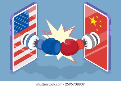 3D Isometric Flat Vector Illustration of Technology War between US And China , Global Chip Shortage Srisis