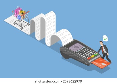 3D Isometric Flat Vector Illustration of Grocery Contactless payment, POS Terminal with NFC Technology