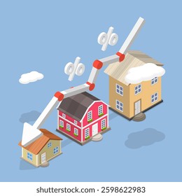 3D Isometric Flat Vector Illustration of Real Estate Investment Risks, Fluctuations In Housing Prices