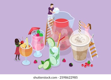 3D Isometric Flat Vector Illustration of Cold Beverages, Summer Frefreshing Drinks