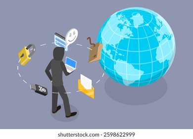 3D Isometric Flat Vector Illustration of Digital Fraud, Hacker Activity, Online System Security