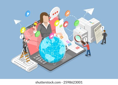 3D Isometric Flat Vector Illustration of Social Media, Real Time Broadcast