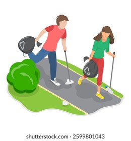 3D Isometric Flat Vector Illustration of Plogging Challenge, Volunteers at Eco Activity. Item 3