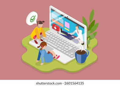 3D Isometric Flat Vector Illustration of Life Saving And Healthcare, Kids Learning First Aid Skills Online For Training Purposes