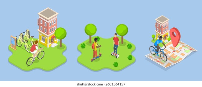 3D Isometric Flat Vector Illustration of Urban Transportation, Eco Friendly Transport