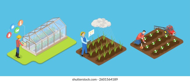 3D Isometric Flat Vector Illustration of Smart Farming Technologies, Precision Agriculture Sensors