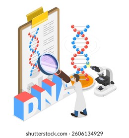 3D Isometric Flat Vector Illustration of Genetic DNA Science, Gene Engineers and Decoding Technologies. Item 2