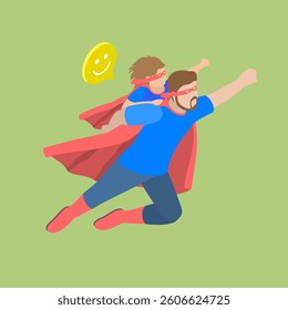 3D Isometric Flat Vector Illustration of Dad Superhero, Father Day Greeting Card Design