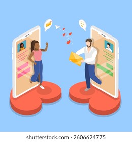 3D Isometric Flat Vector Illustration of Mobile Dating App, Internet Romance