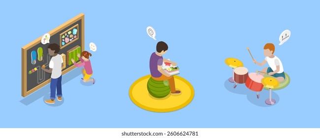 3D Isometric Flat Vector Illustration of Sensory Development for Autist Kids, Children Cognitive Development