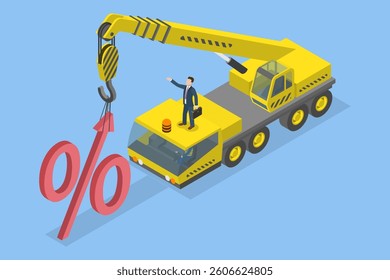 3D Isometric Flat Vector Illustration of Increase Interest Rates, Percent Up