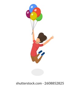 3D Isometric Flat Vector Illustration of Soaring in the Sky, Happy Children Flying High with Bright Balloons. Item 5