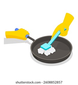3D Isometric Flat Vector Illustration of Hands Washing Dishes, Dishwashing Process. Item 1