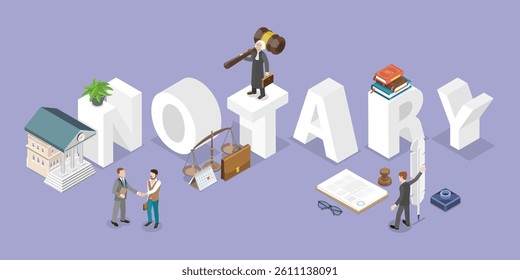 3D Isometric Flat Vector Illustration of Notary Service, Legality Documentation, Certification Work