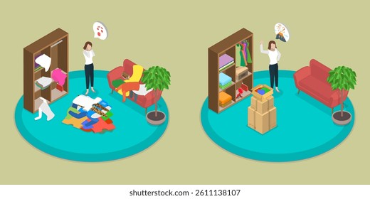 3D Isometric Flat Vector Illustration of Decluttering, Sell Arranged Clothes