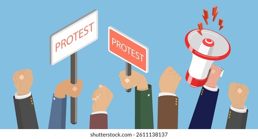 3D Isometric Flat Vector Illustration of Political Crisis, People at Picket