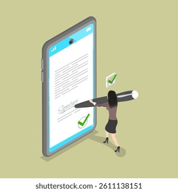 3D Isometric Flat Vector Illustration of Electronicaly Signed Document, Digital Xontract, E-document