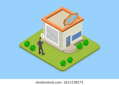 3D Isometric Flat Vector Illustration of Optics Store, Eyeglasses and Sunglasses on Display