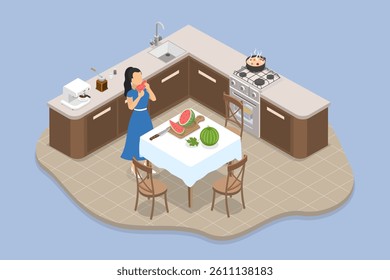 3D Isometric Flat Vector Illustration of Healthy Snack, Female Preparing Fresh Watermelon For Nutritious Snack In Detox Menu