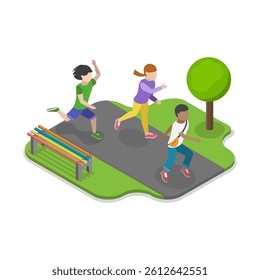 3D Isometric Flat Vector Illustration of Children Playing Outside, Active Healthy Childhood. Item 4
