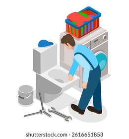 3D Isometric Flat Vector Illustration of Plumbers, Pipeline Repair, Clogged Toilet, Sewer Cleaning. Item 3