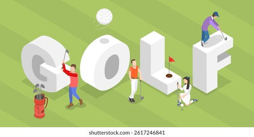 3D Isometric Flat Vector Illustration of Golf Banner, Golfers In Action