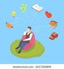 3D Isometric Flat Vector Illustration of Dreaming, Man is Daydreaming About a Bunch of Things
