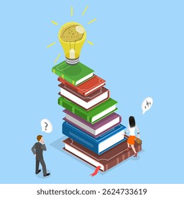 3D Isometric Flat Vector Illustration of Self-management, Businessman Ascending Book Stairs With Light Bulb Atop His Head.