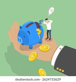 3D Isometric Flat Vector Illustration of Broken Piggy Bank, Financial Problems Concept