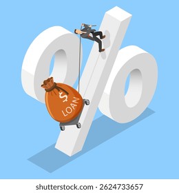 3D Isometric Flat Vector Illustration of High Loan Interest Rate, Man Struggling To Carry Loan Up Hill, Representing Personal Finance Risks And Debt.