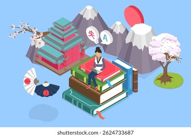 3D Isometric Flat Vector Illustration of Language School, Japanese Learning Course