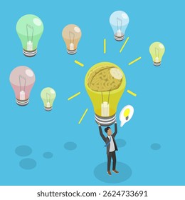 Ilustração de Vetor Plano Isométrica 3D de Processo Inovador com Pensamento Crítico, Reunindo Ideias E Selecionando O Ideal