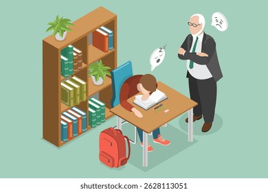 3D Isometric Flat Vector Illustration of Tired Student, Mental Strain