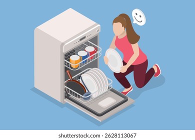3D Isometric Flat Vector Illustration of Dishwasher, Kitchen Dish Cleaning Machine