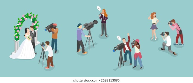 3D Isometric Flat Vector Illustration of Photo And Video Shooting, Paparazzi, Journalism Events