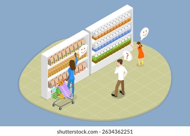 3D Isometric Flat Vector Illustration of Family Buying Food, People at Supermarket