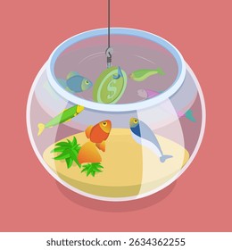 3D Isometric Flat Vector Illustration of Financial Scam , Lures Gullible Individuals With Fishing Rod For Profit
