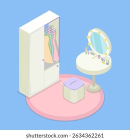 3D Isometric Flat Vector Illustration of Home Organization, Modern Interior Design of Wardrobe And Dressing Table
