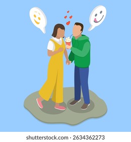 3D Isometric Flat Vector Illustration of Relationships, Young Couple In Love Enjoying Eachother