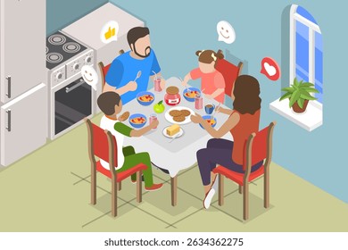 3D Isometric Flat Vector Illustration of Breakfast Together, Joyful Family Sharing Mealtime the Comfort Of Their Home