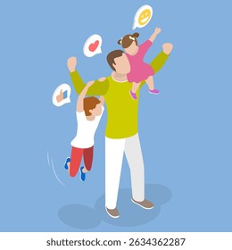 3D Isometric Flat Vector Illustration of Father Day, Blissful Parenthood And Childhood Idea