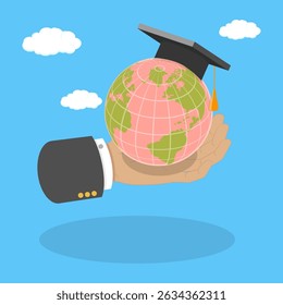 Ilustração de Vetor Plano Isométrica 3D de Estudo no Exterior , Estudante Acadêmico Segurando a Forma de Globo enquanto veste um Chapéu