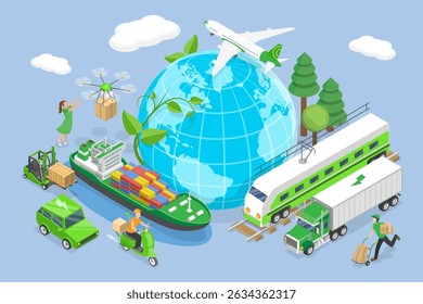 3D Isometric Flat Vector Illustration of Green Logistics, Eco-Friendly Logistics And Sustainable Delivery Concept