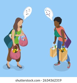 Ilustración vectorial plana isométrica 3D del cansancio, concepto de agotamiento de llevar bolsas pesadas