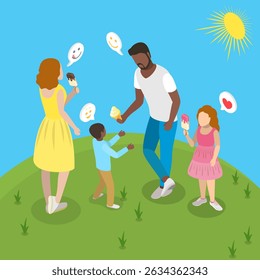 Ilustração vetorial plana isométrica 3D de sobremesas congeladas de verão , pais tratam crianças como sorvete durante um passeio